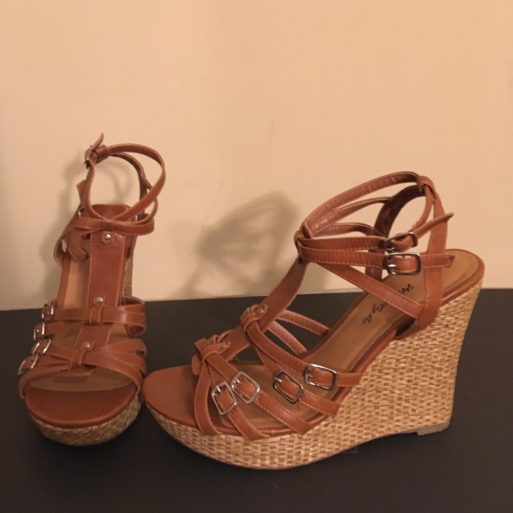 Brown open toe wedges